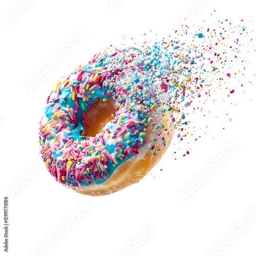 Exploding Confection: A vibrant frosted doughnut dissolving into a sprinkle cloud