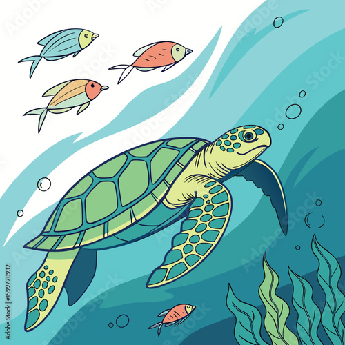 Oceanic Harmony: A vibrant illustration showcases an underwater scene, featuring a graceful sea turtle and several colorful fish swimming in a serene blue expanse.