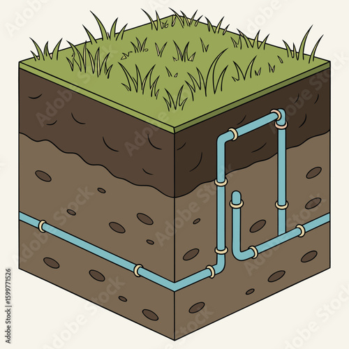 Subsurface Plumbing System: A detailed, isometric illustration of a subsurface plumbing system, showcasing the intricacies of water flow beneath the earth's surface. 