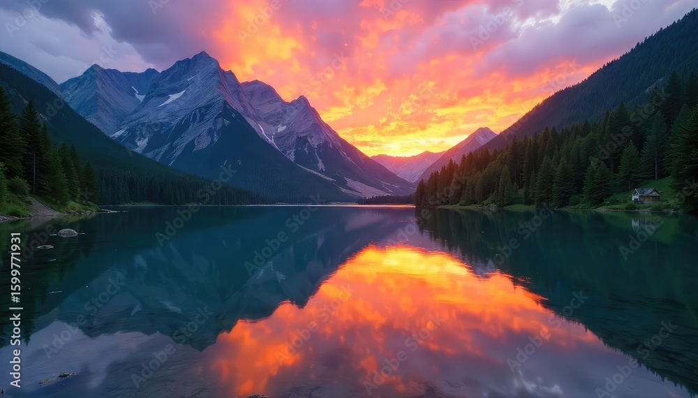 Fototapeta premium Serene mountain lake reflecting a vibrant sunset, surrounded by lush green forests and dramatic peaks Perfect for travel, nature, and environmental projects , vibrant, panoramic, scenery