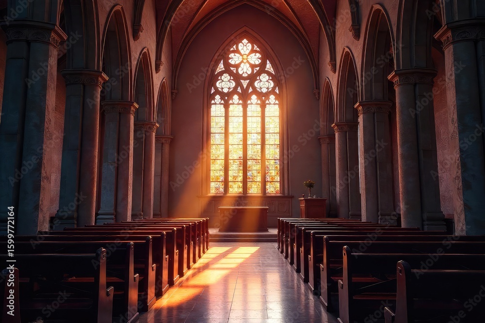 Obraz premium Serene stained glass illuminates a peaceful church sanctuary, radiating divine light and spiritual tranquility Perfect for religious, faith, hope, and peace themes , holy spirit, belief