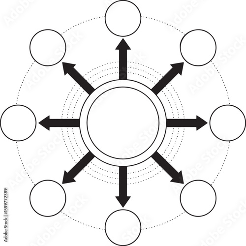 Modern Circular Infographic Diagram with Central Hub and Connected Nodes, Editable Line Art, circle diagram, hub and spoke, infographic design, vector layout, outline infographic