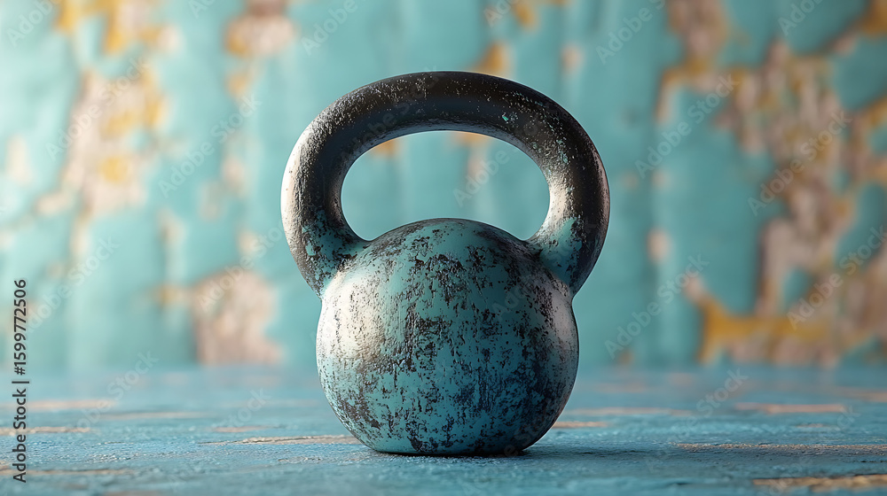 Fototapeta premium Blue and black kettlebell standing on blue wooden floor with blue background