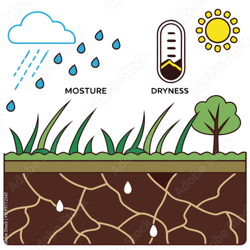 The Cycle of Life: Illustration depicting moisture, dryness, sunlight, and soil health, showcasing the delicate balance of a healthy ecosystem. 