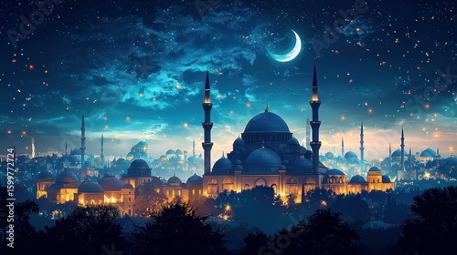 Night Cityscape of Mosques under Starry Crescent Moon