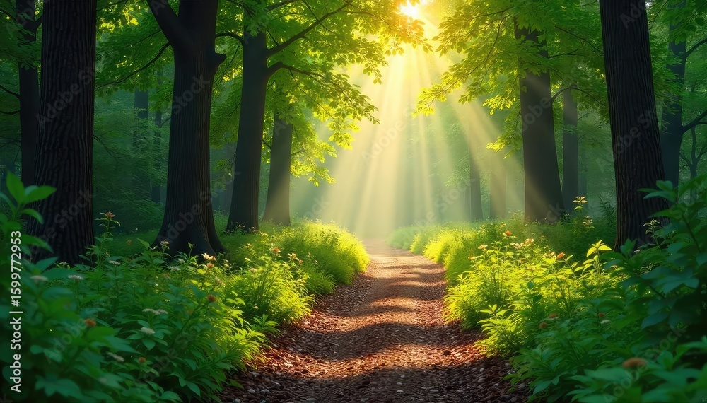Fototapeta premium Sun-dappled forest path winding through lush greenery, sunlight filtering through leaves, creating a magical atmosphere Perfect for nature, travel, and serenity themes , journey, landscape