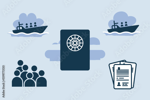 Illustration depicting passport, boats with people, group of people, and documents on light blue background