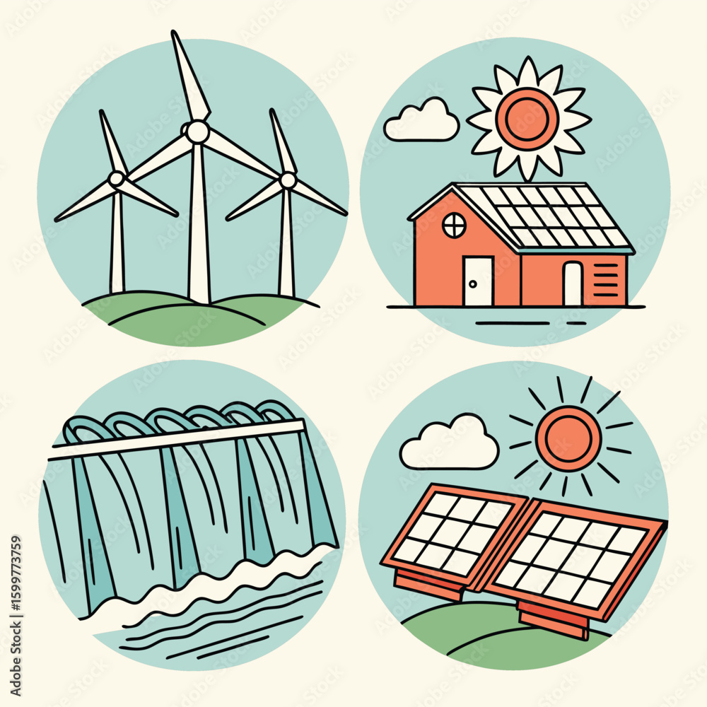 Fototapeta premium Green Energy Icons: A captivating collection of eco-friendly illustrations, showcasing wind turbines, solar panels, a house with solar panels, and a dam generating clean power.