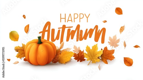 A vibrant autumn banner features a plump pumpkin nestled amongst a scattering of colorful fallen leaves and the hand-lettered phrase 