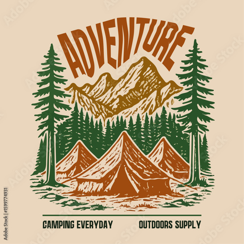 Adventure Vintage Camping With Off-Road. mountain And Campfire. outdoors t-shirt design. big pain tree and explore. camping everyday slogan tee.