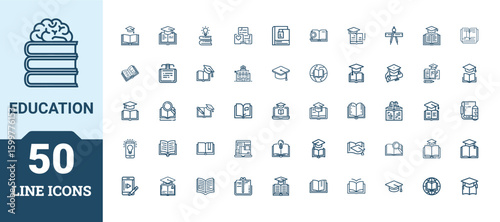 Education Vector Icon Set, School, Learning, Books, Graduation, and Online Education Symbols