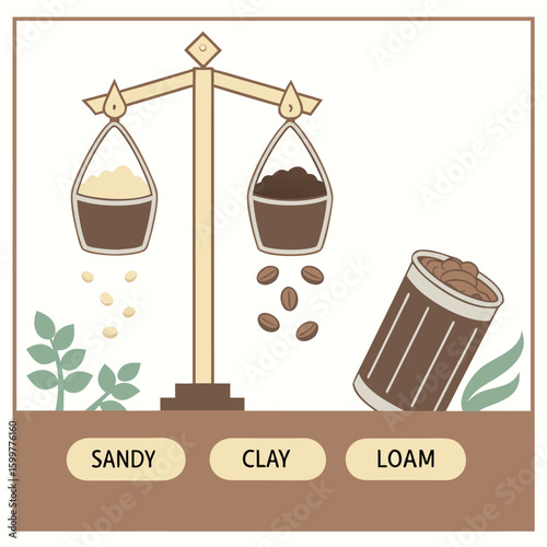 Soil Composition: A diagram illustrates the components of soil, highlighting the proportions of sandy, clay, and loam elements, providing a visual understanding of soil science.