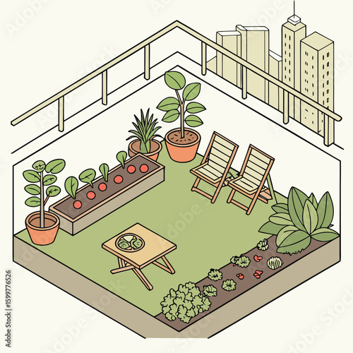 Urban Oasis Illustration: An isometric illustration of a rooftop garden flourishing with life, featuring vibrant plants, a small table, chairs, and a cityscape backdrop.