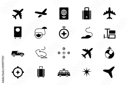 A collection of twenty black and white travel and transportation related icons arranged in rows and columns