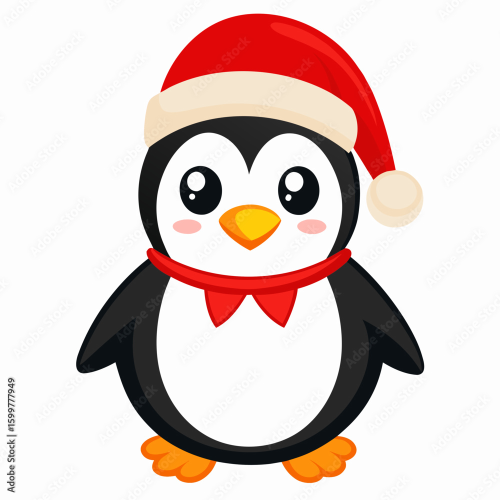Obraz premium Penguin in Christmas hat vector illustration on white background