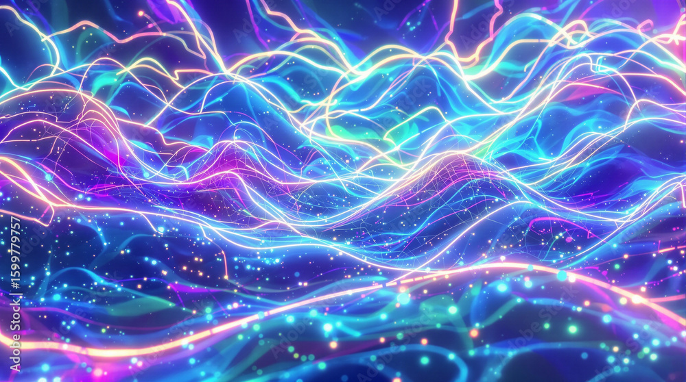 Fototapeta premium Abstract digital artwork depicting luminous, flowing lines in vibrant hues of blue, pink, and purple, resembling a celestial landscape with glittering particles