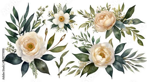 Watercolor floral illustration set - bouquets, frame, border. White flowers, rose, peony, gold green leaf branches collection. Wedding invites, wallpapers, fashion. Eucalyptus olive leaves chamomile.