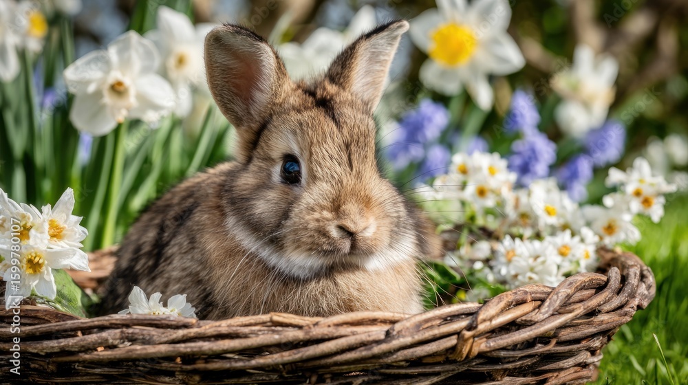 Fototapeta premium Adorable bunny nestled in a springtime flower basket.