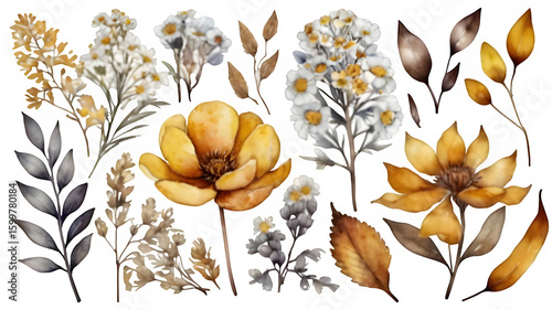 Watercolor floral illustration - wildflowers individual element set. Autumn fall dried flowers leaves branches. Wedding invitations prints wallpapers fashion background. Yellow white silver dull.