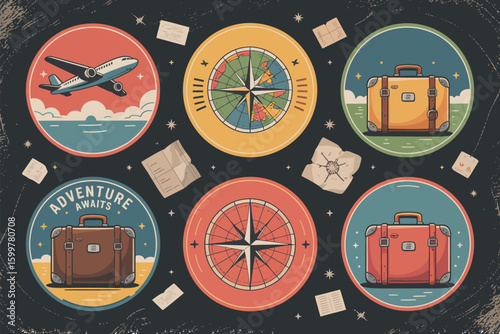 Collection of travel themed icons featuring airplanes compasses and suitcases on a dark background