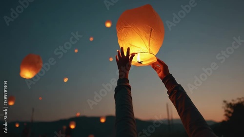 close-up of hands releasing paper lanterns into the sky at a remembrance ceremony