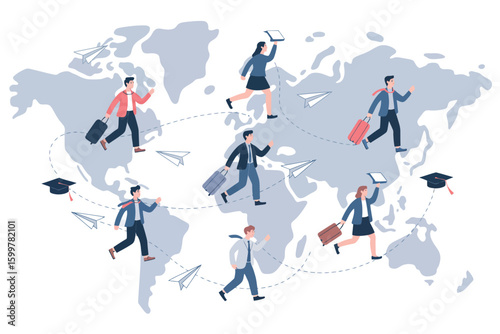 Illustration of people traveling around the world with suitcases and paper airplanes on a world map