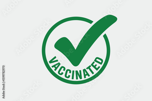 A green circle with a check mark and the word vaccinated inside isolated on a white background image