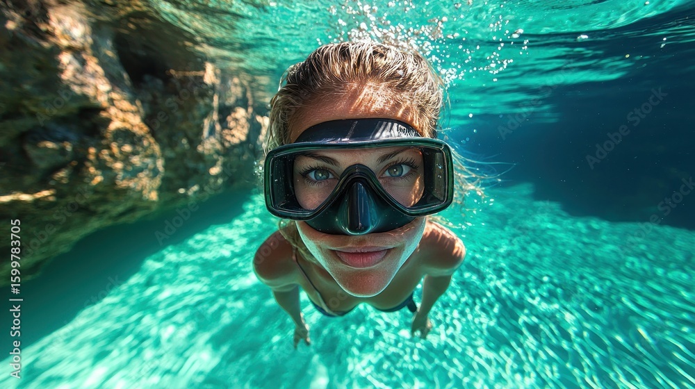 Naklejka premium Underwater Serenity: A Woman's Underwater Exploration