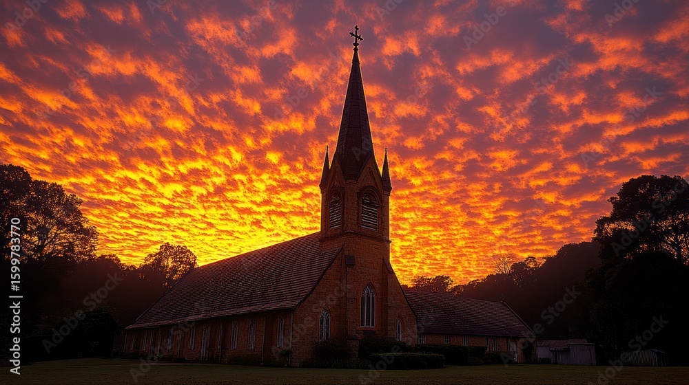 Obraz premium Fiery Sunset over Church