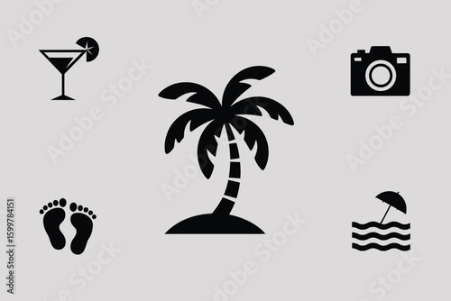 Iconic representation of a beach vacation with palm tree cocktail camera footprints and beach umbrella