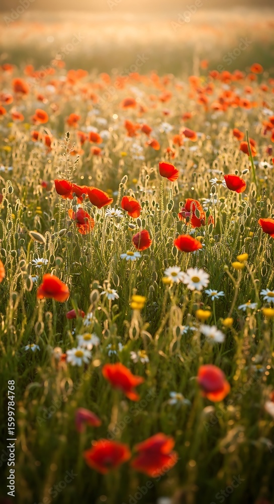 Fototapeta premium Serene Sunset Poppy Field: Vibrant Red Blooms and Daisies in Golden Hour Light
