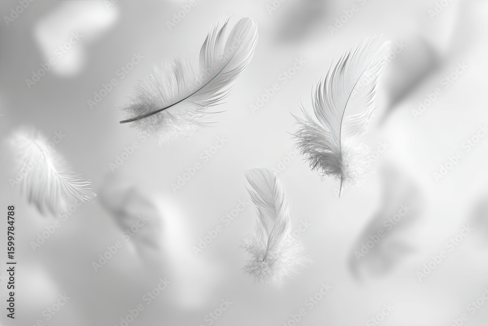 Obraz premium Floating White Feathers Against Light Background