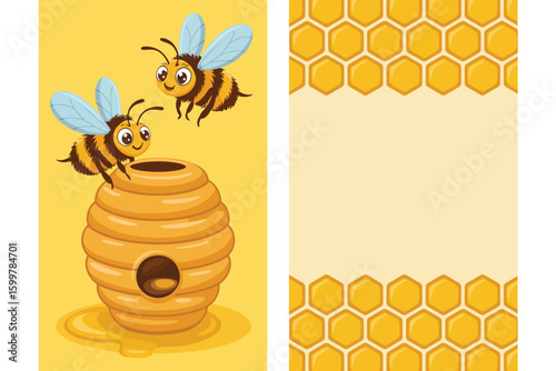 Two cartoon bees near a beehive and a honeycomb pattern on a yellow background illustration image