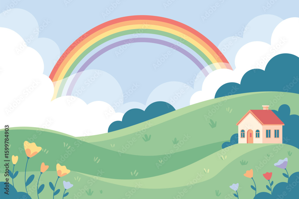 Fototapeta premium Cartoon landscape featuring a rainbow, rolling hills, a house and flowers under a cloudy sky