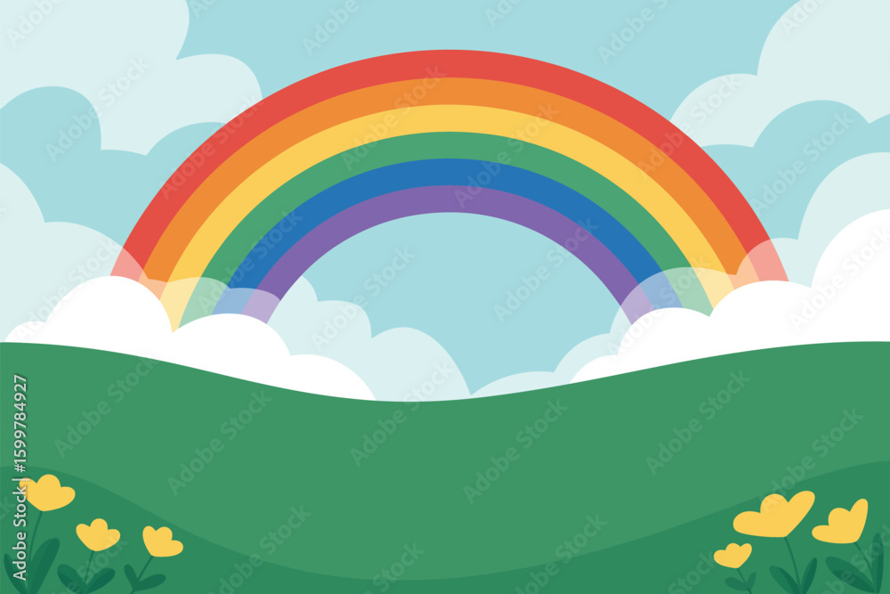 Fototapeta premium A cartoon illustration of a rainbow over a green hill with yellow flowers and white fluffy clouds