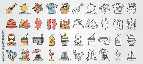 set o f Icons related to summer activities like swimming surfing, tropical and beach.