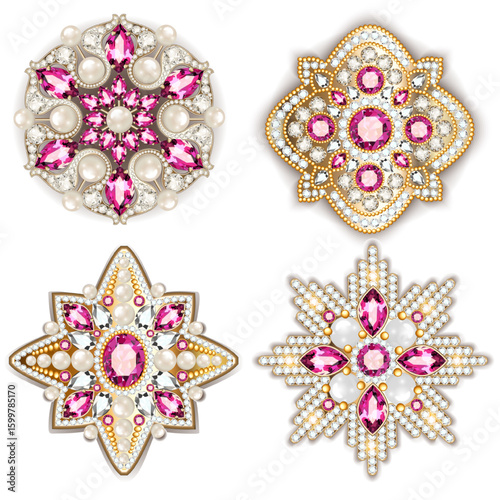Illustration set of jewelry vintage pendants and brooches with an ornament of gold  beads and precious stones and pearls