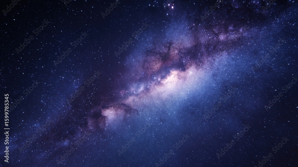 Fototapeta premium A breathtaking view of the galaxy showcases vibrant hues of blue and purple. Stars shine brightly across the dark night sky, revealing the beauty of the universe during a serene evening.