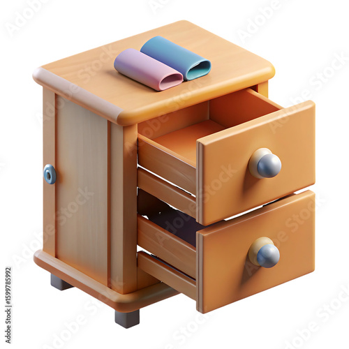 Wooden drawer cabinet with open drawers isolated on a transparent background