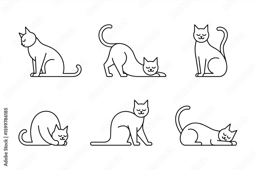 Naklejka premium Six cat outlines in various poses including sitting stretching and lying down on a white background