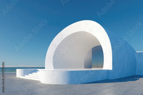 White Architectural Stage By Ocean With Blue Sky