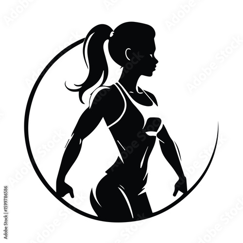 Female fitness model in athletic wear, in a dynamic side profile pose, within a circular graphic element. Strong, confident female athlete in a fitness studio.