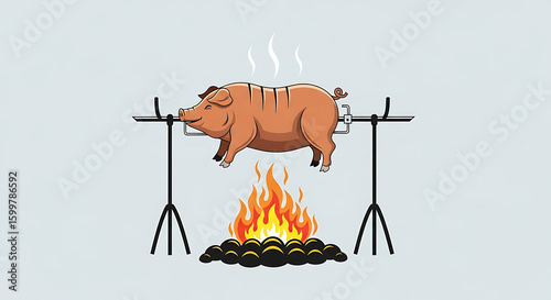 A simple illustration of a whole pig roasting on a spit over an open fire. This clean graphic is perfect for a barbecue, cookout, or luau theme.