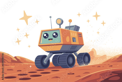 A cartoon mars rover with a cute face exploring a red planet surface surrounded by twinkling stars