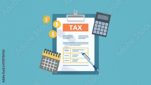 Animated concept of tax and wealth management featuring a tax form, calculator, gold coins, and calendar. Ideal for financial planning, accounting, and business finance visuals.