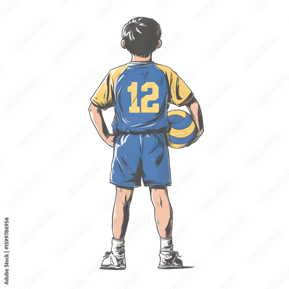 Fototapeta premium Young athlete in blue and yellow jersey holding volleyball with number 12
