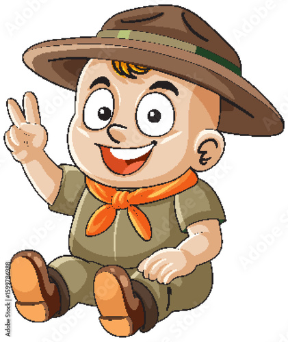Smiling Baby Scout Sitting and Making Peace Sign