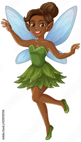 Charming Fairy in Green Dress with Blue Wings