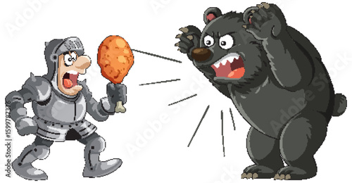 Knight Confronts Angry Bear with Chicken Drumstick