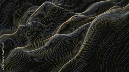 Abstract undulating lines in gold and grey tones flow across a dark background, creating a three-dimensional, wave-like effect.  The lines are thin and delicate, suggesting movement and fluidity